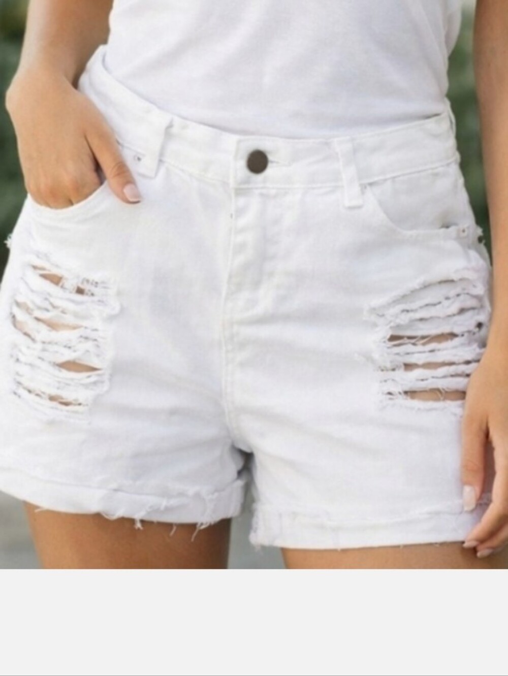 Roswear White Summer Mid Rise Edgy Ripped Stretch Denim Shorts XL
